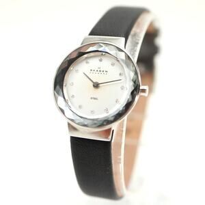 Skagen Denmark Womens 25mm Diamond Cut Crystal Watch Black Leather w New Battery